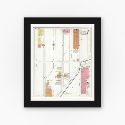 Old map wall art mockup — black gallery frame with white mat — Sanborn Fire Insurance Map from North Kansas City, Clay County, Missouri (1918), Sheet #0008