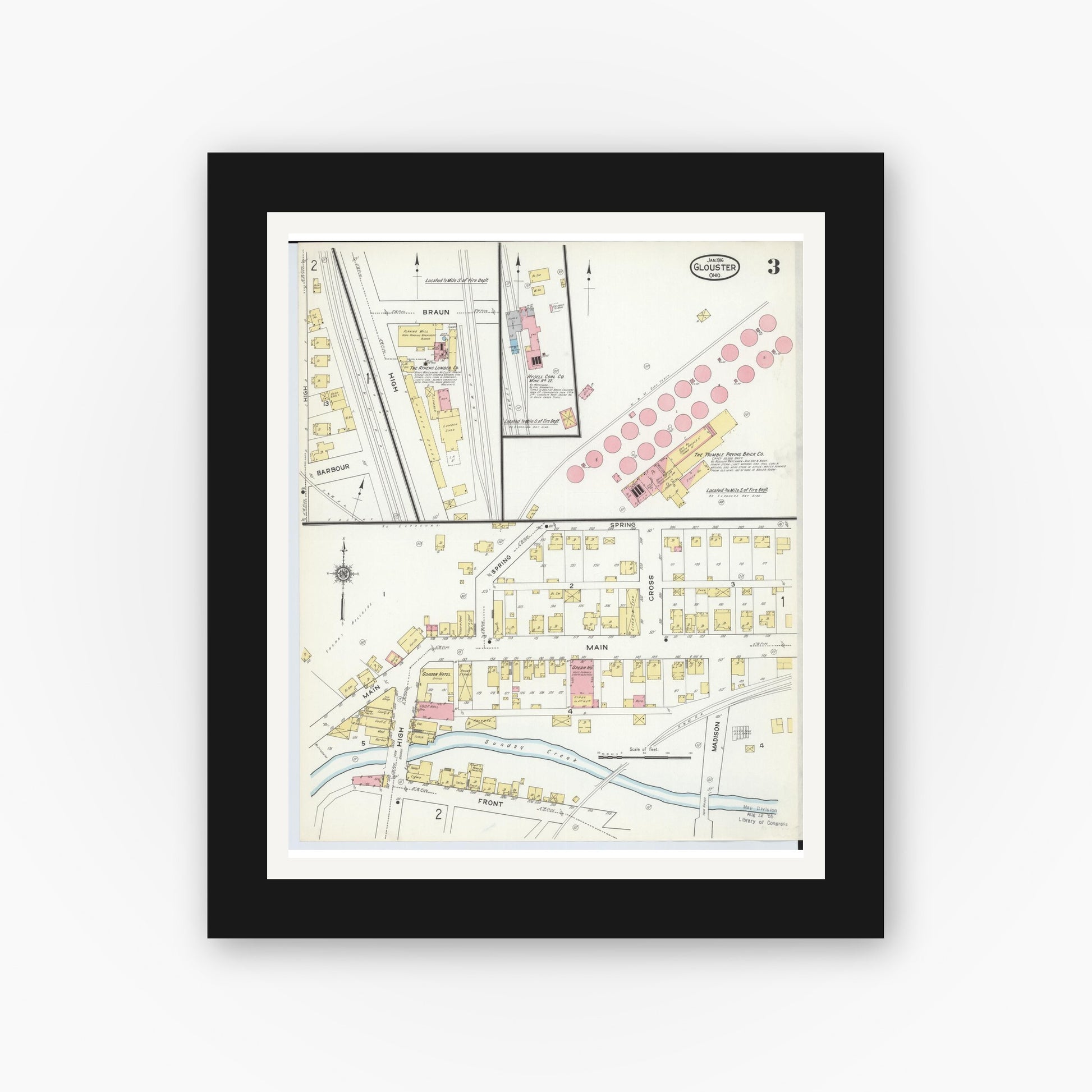 Old map wall art mockup — black gallery frame with white mat — Sanborn Fire Insurance Map from Glouster, Athens County, Ohio (1912), Sheet #0003