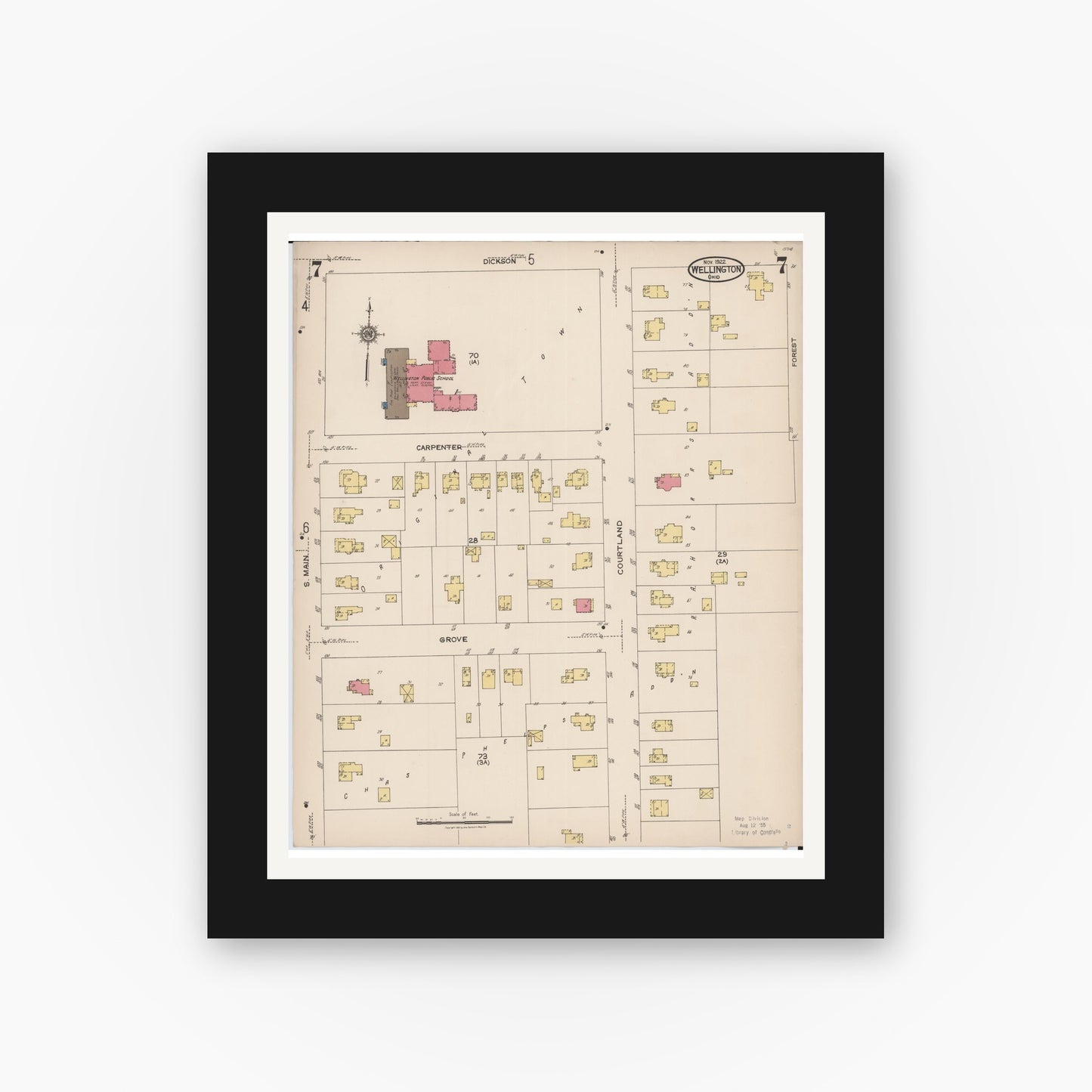 Old map wall art mockup — black gallery frame with white mat — Sanborn Fire Insurance Map from Wellington, Lorain County, Ohio (1922), Sheet #0007