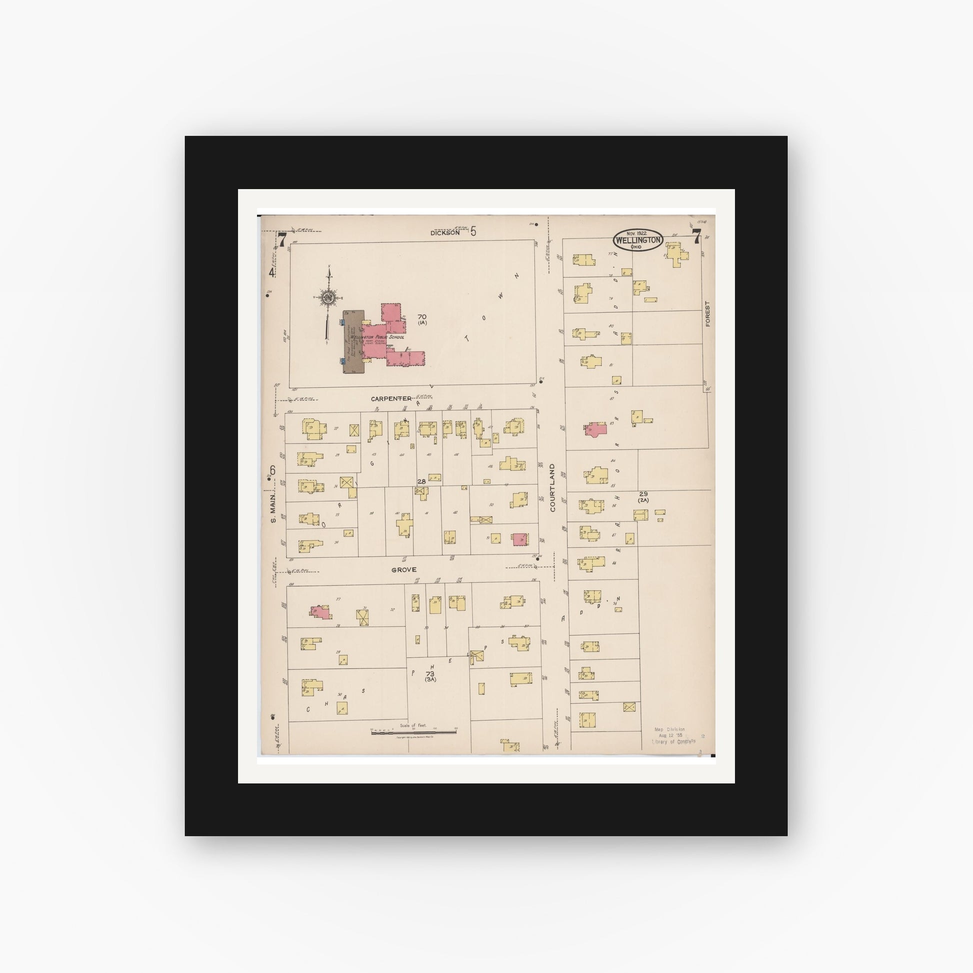 Old map wall art mockup — black gallery frame with white mat — Sanborn Fire Insurance Map from Wellington, Lorain County, Ohio (1922), Sheet #0007