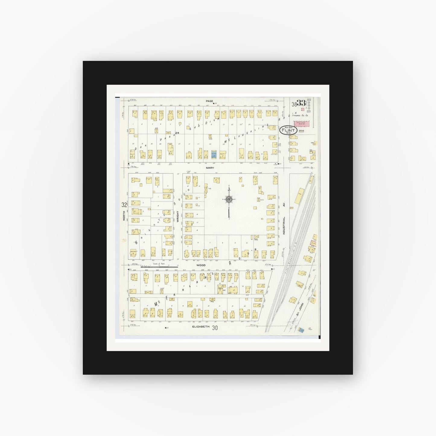 Old map wall art mockup — black gallery frame with white mat — Sanborn Fire Insurance Map from Flint, Genesee County, Michigan (1909), Sheet #0033