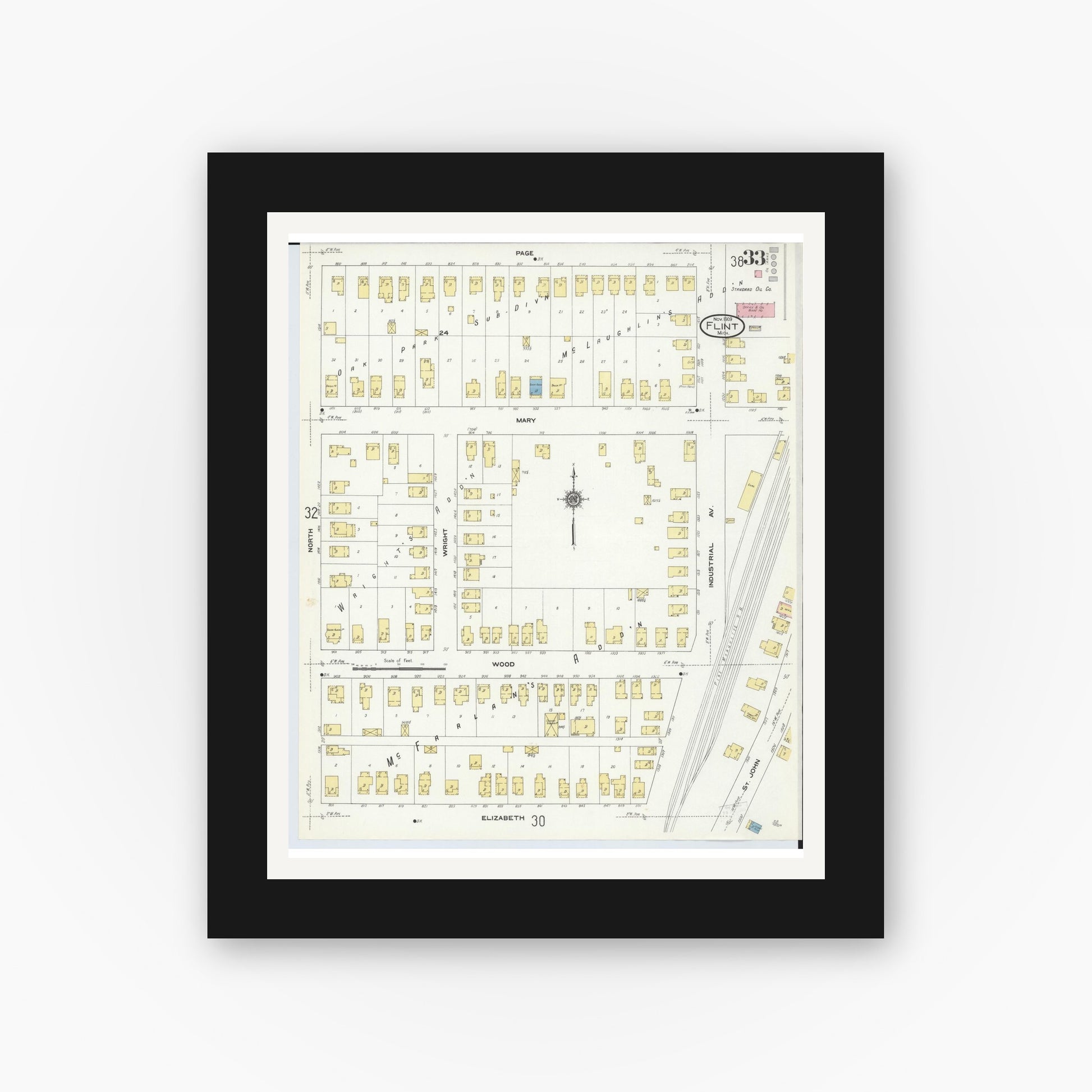 Old map wall art mockup — black gallery frame with white mat — Sanborn Fire Insurance Map from Flint, Genesee County, Michigan (1909), Sheet #0033