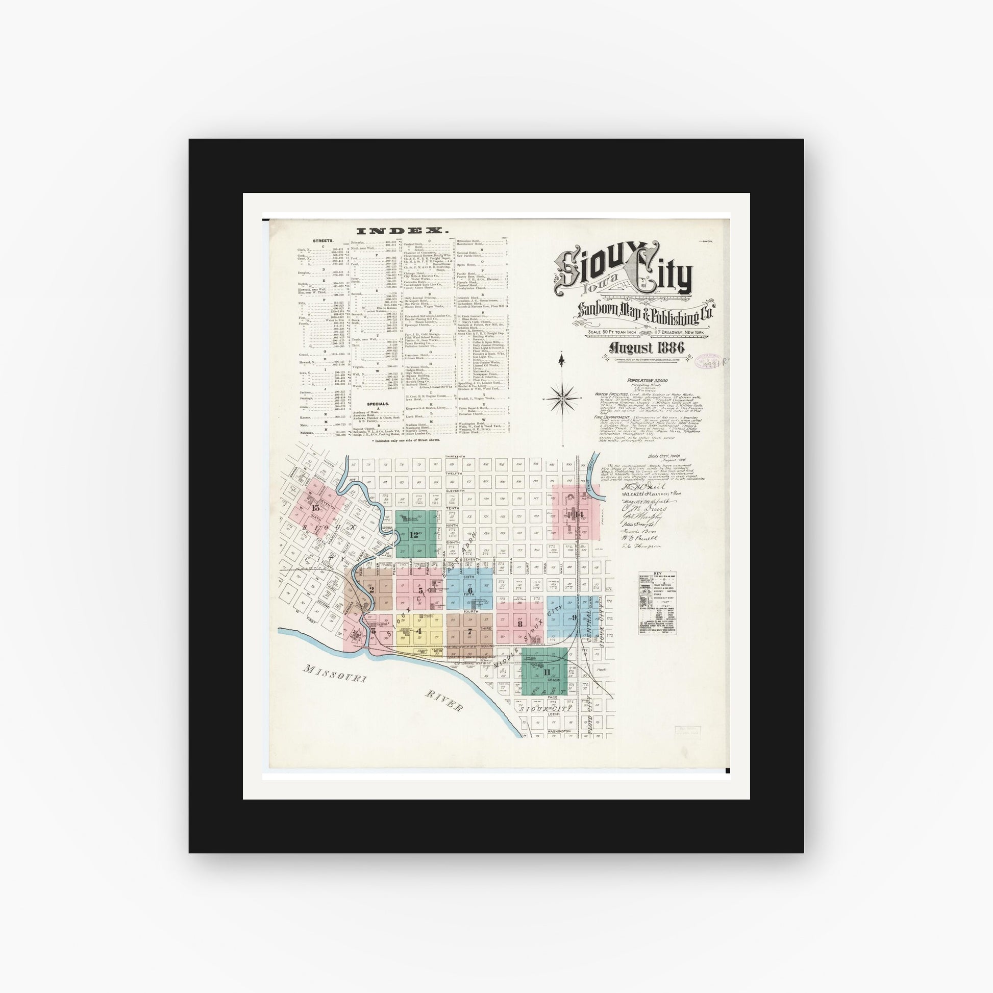 Old map wall art mockup — black gallery frame with white mat — Sanborn Fire Insurance Map from Sioux City, Woodbury County, Iowa (1886), Sheet #0001