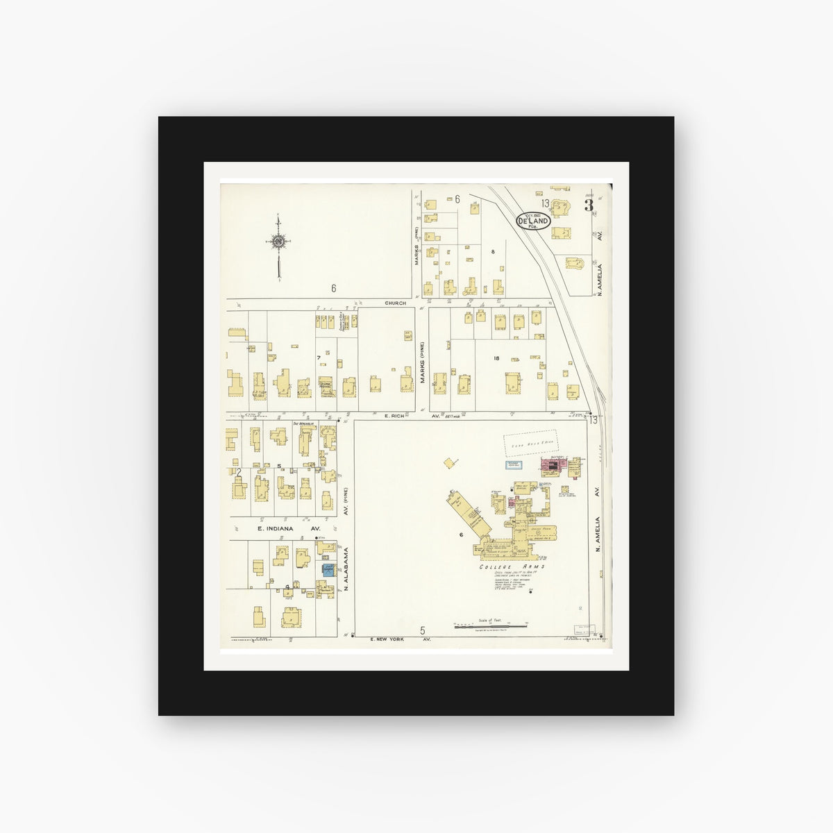Old map wall art mockup — black gallery frame with white mat — Sanborn Fire Insurance Map from De Land, Volusia County, Florida (1921), Sheet #0003
