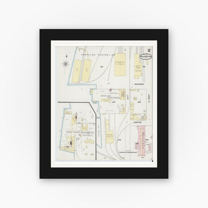 Old map wall art mockup — black gallery frame with white mat — Sanborn Fire Insurance Map from Wilmington, New Hanover County, North Carolina (1889), Sheet #0002