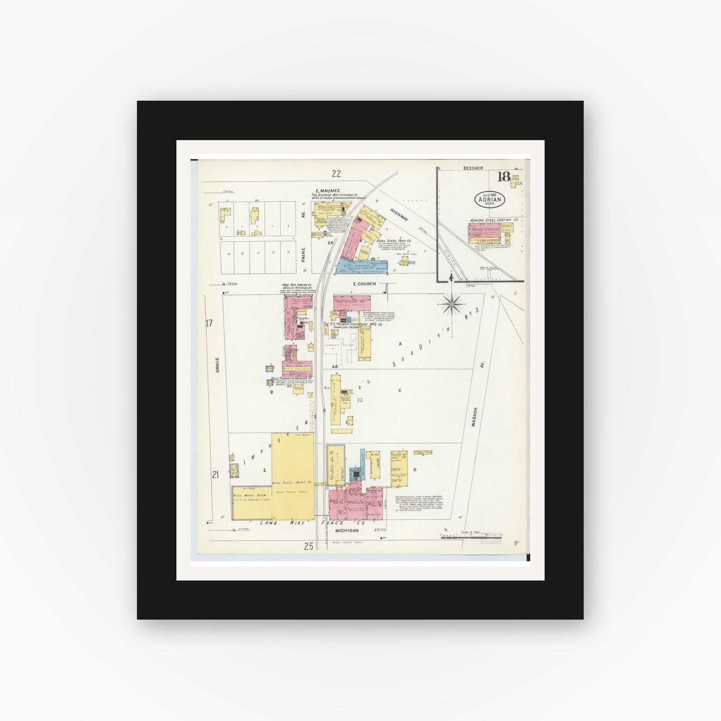 Old map wall art mockup — black gallery frame with white mat — Sanborn Fire Insurance Map from Adrian, Lenawee County, Michigan (1908), Sheet #0018