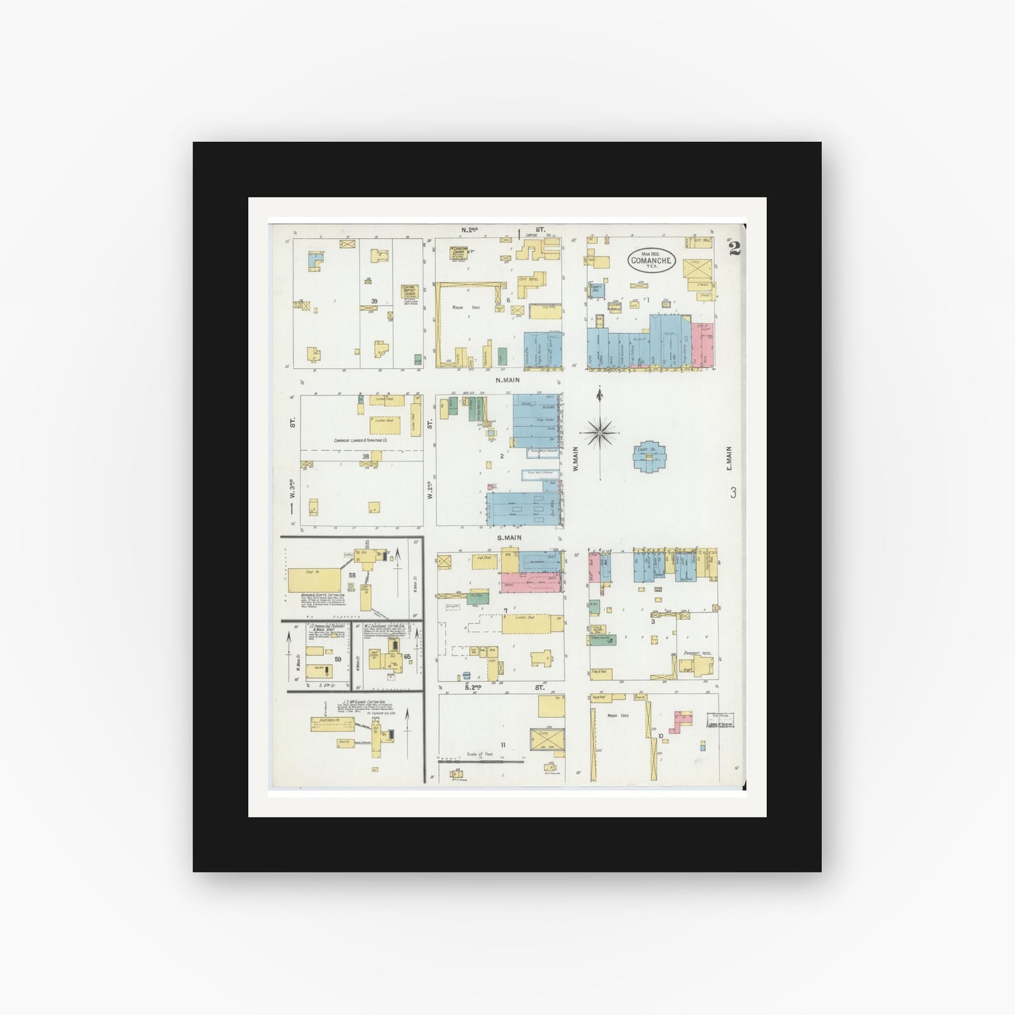 Old map wall art mockup — black gallery frame with white mat — Sanborn Fire Insurance Map from Comanche, Comanche County, Texas (1902), Sheet #0002