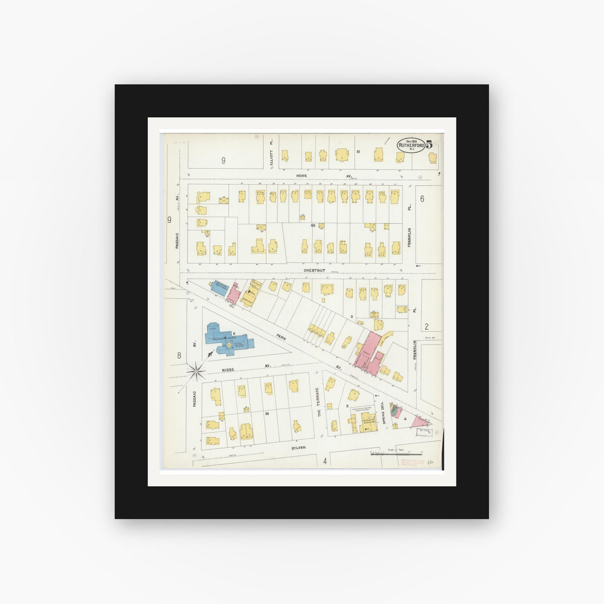 Old map wall art mockup — black gallery frame with white mat — Sanborn Fire Insurance Map from Rutherford, Bergen County, New Jersey (1902), Sheet #0005