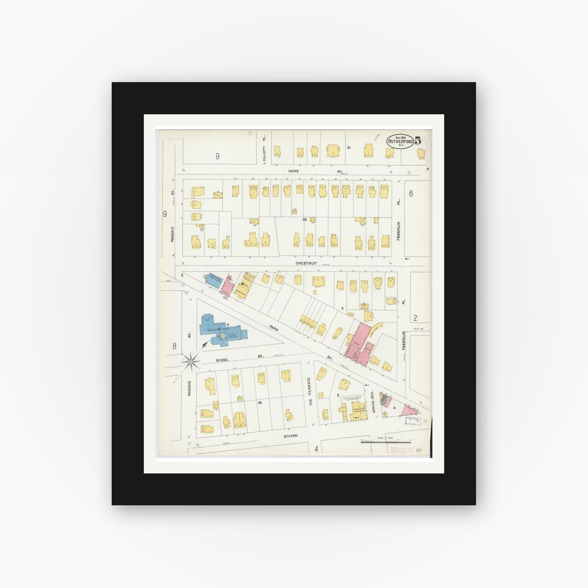 Old map wall art mockup — black gallery frame with white mat — Sanborn Fire Insurance Map from Rutherford, Bergen County, New Jersey (1902), Sheet #0005
