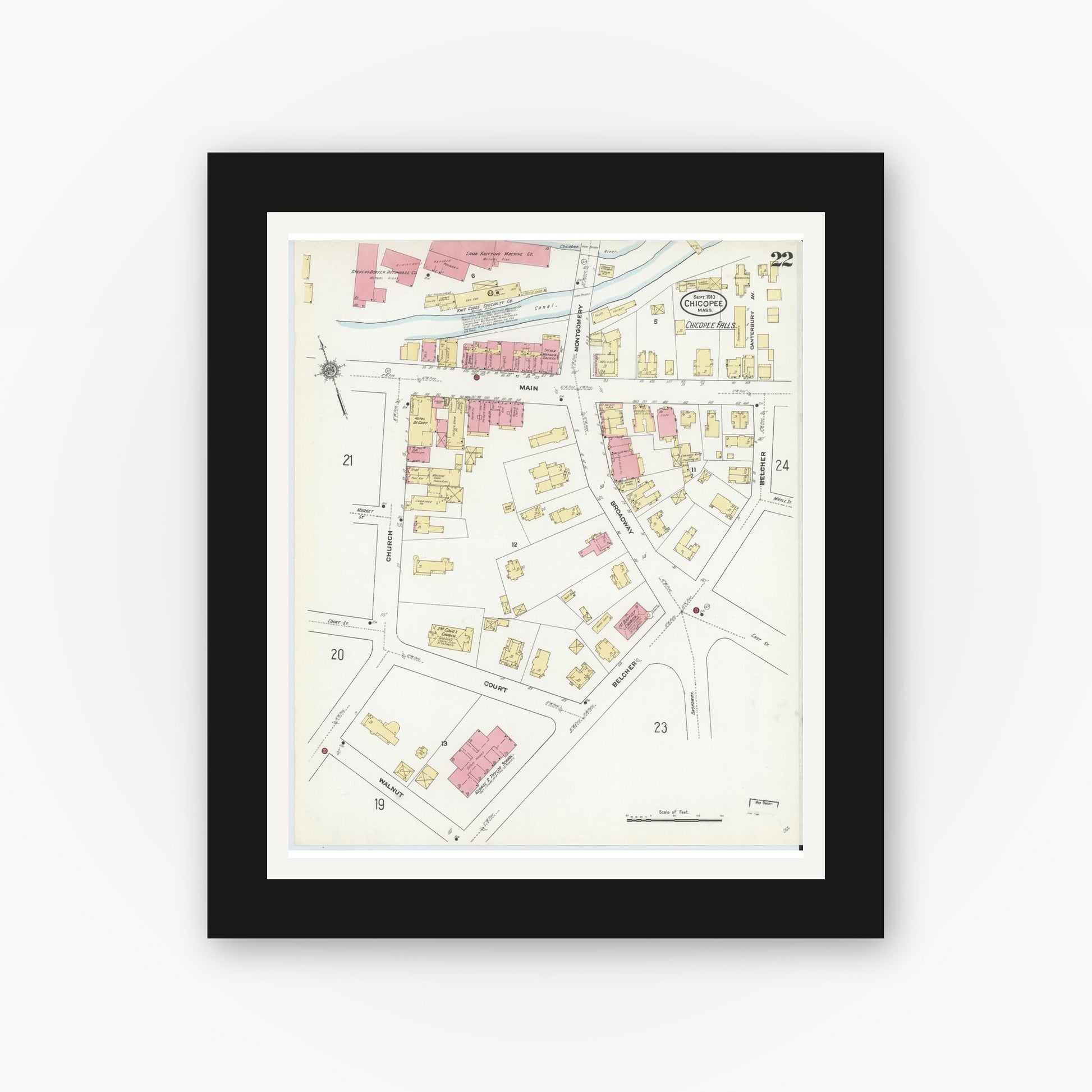 Old map wall art mockup — black gallery frame with white mat — Sanborn Fire Insurance Map from Chicopee, Hampden County, Massachusetts (1910), Sheet #0022