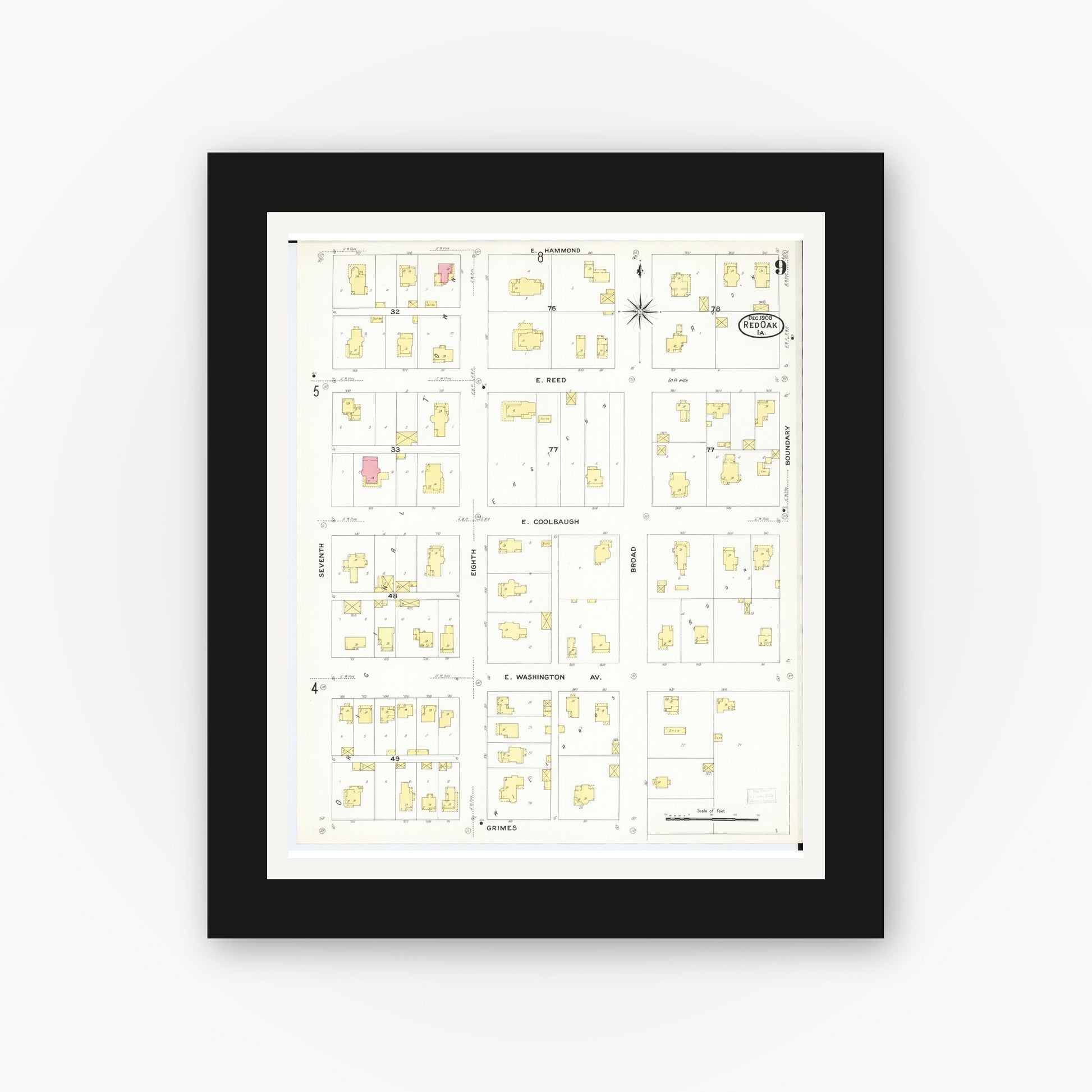 Old map wall art mockup — black gallery frame with white mat — Sanborn Fire Insurance Map from Red Oak, Montgomery County, Iowa (1908), Sheet #0009