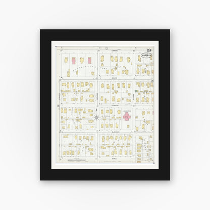 Old map wall art mockup — black gallery frame with white mat — Sanborn Fire Insurance Map from Bloomington, McLean County, Illinois (1901), Sheet #0019