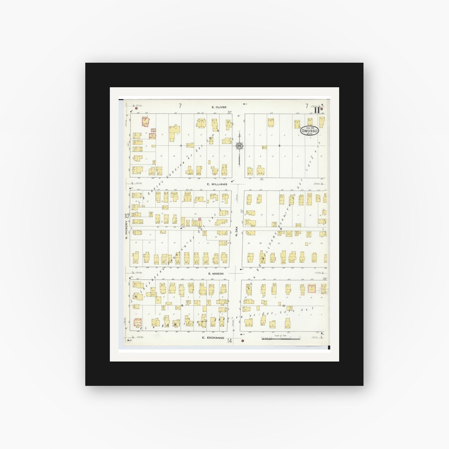 Old map wall art mockup — black gallery frame with white mat — Sanborn Fire Insurance Map from Owosso, Shiawassee County, Michigan (1915), Sheet #0011