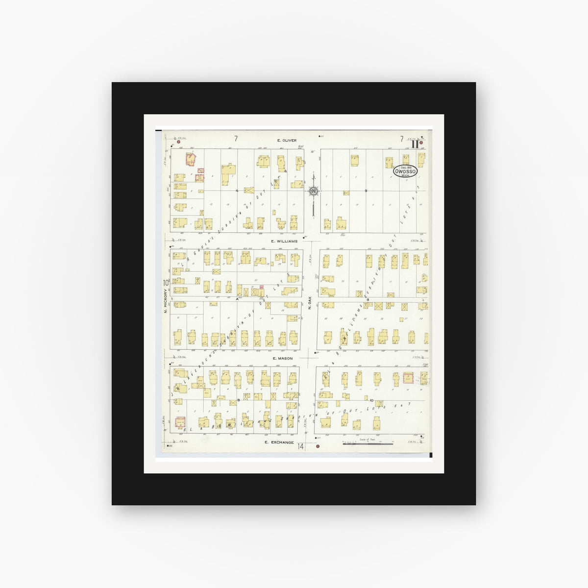 Old map wall art mockup — black gallery frame with white mat — Sanborn Fire Insurance Map from Owosso, Shiawassee County, Michigan (1915), Sheet #0011