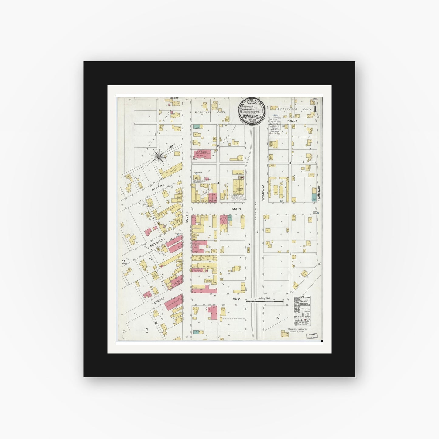 Old map wall art mockup — black gallery frame with white mat — Sanborn Fire Insurance Map from Monroeville, Allen County, Indiana (1900) - Complete Map Set