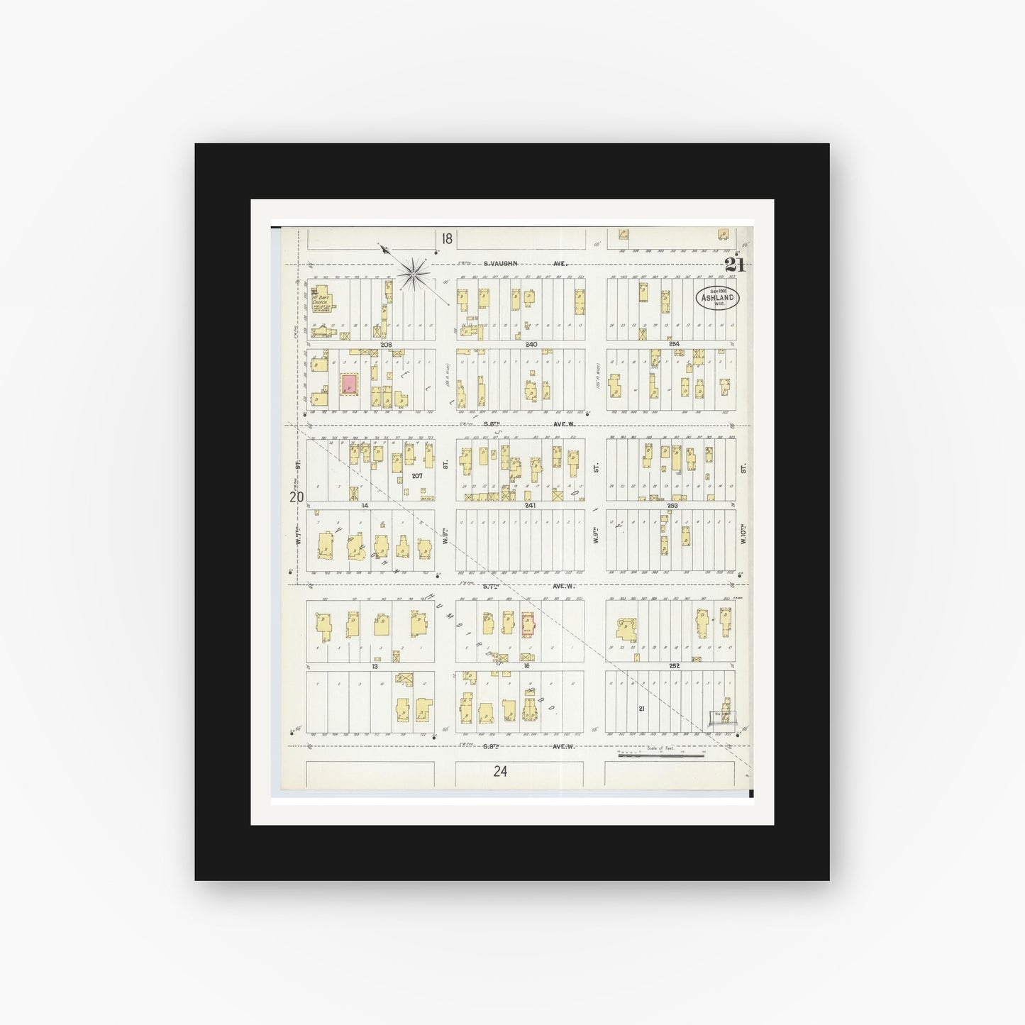 Old map wall art mockup — black gallery frame with white mat — Sanborn Fire Insurance Map from Ashland, Ashland County, Wisconsin (1901), Sheet #0021