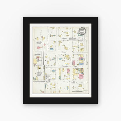 Old map wall art mockup — black gallery frame with white mat — Sanborn Fire Insurance Map from Seguin, Guadalupe County, Texas (1896), Sheet #0001