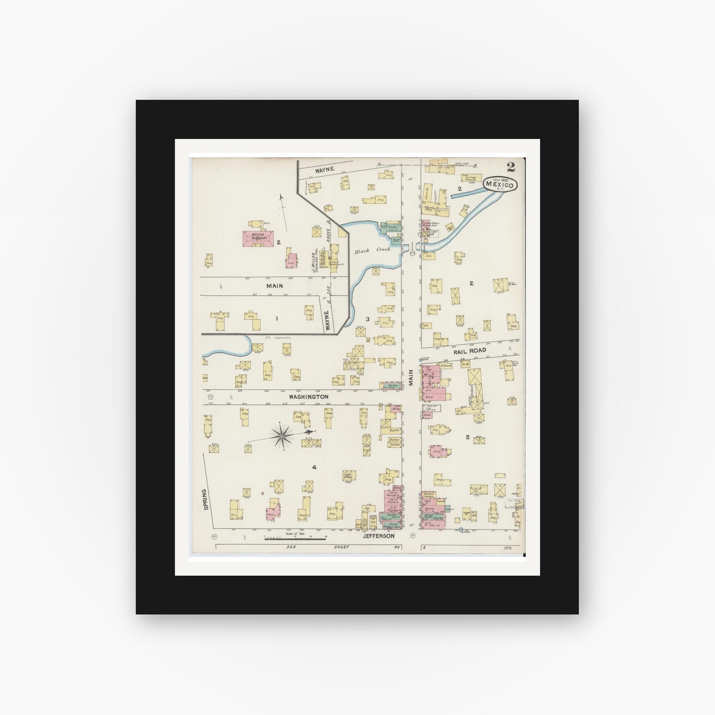 Old map wall art mockup — black gallery frame with white mat — Sanborn Fire Insurance Map from Mexico, Oswego County, New York (1890), Sheet #0002