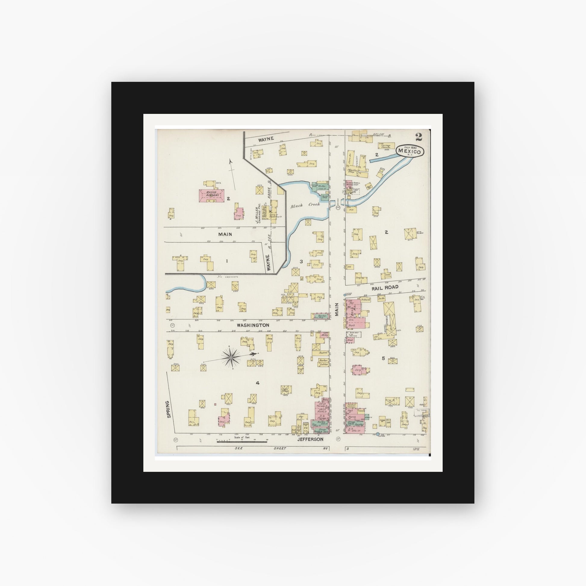 Old map wall art mockup — black gallery frame with white mat — Sanborn Fire Insurance Map from Mexico, Oswego County, New York (1890), Sheet #0002