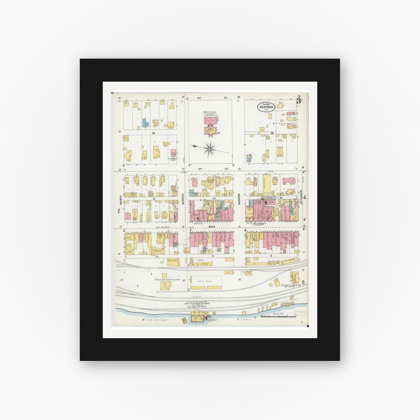 Old map wall art mockup — black gallery frame with white mat — Sanborn Fire Insurance Map from Savanna, Carroll County, Illinois (1903), Sheet #0003