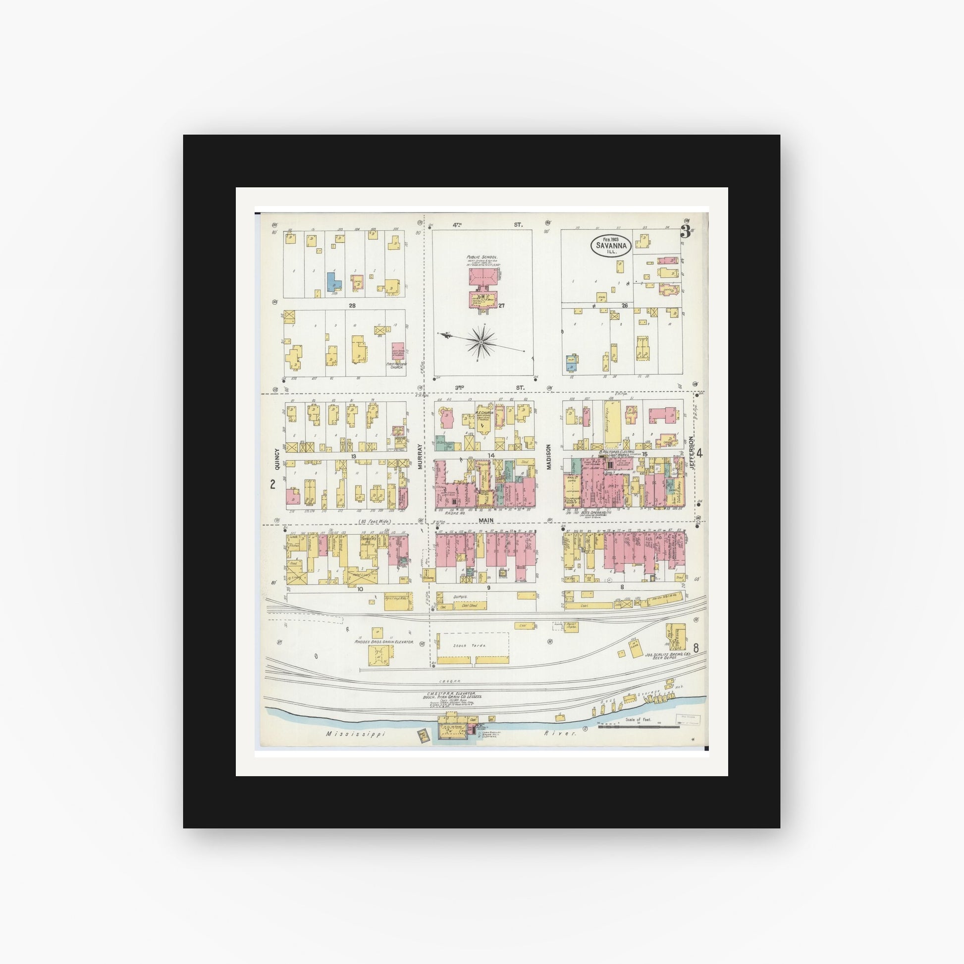 Old map wall art mockup — black gallery frame with white mat — Sanborn Fire Insurance Map from Savanna, Carroll County, Illinois (1903), Sheet #0003