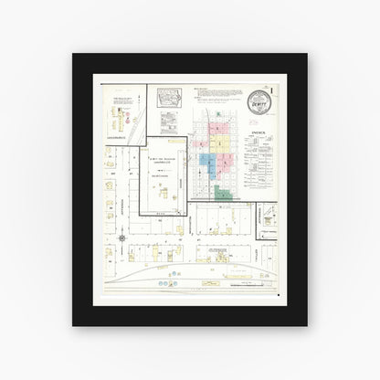 Old map wall art mockup — black gallery frame with white mat — Sanborn Fire Insurance Map from De Witt, Clinton County, Iowa (1914) â€” Complete Set