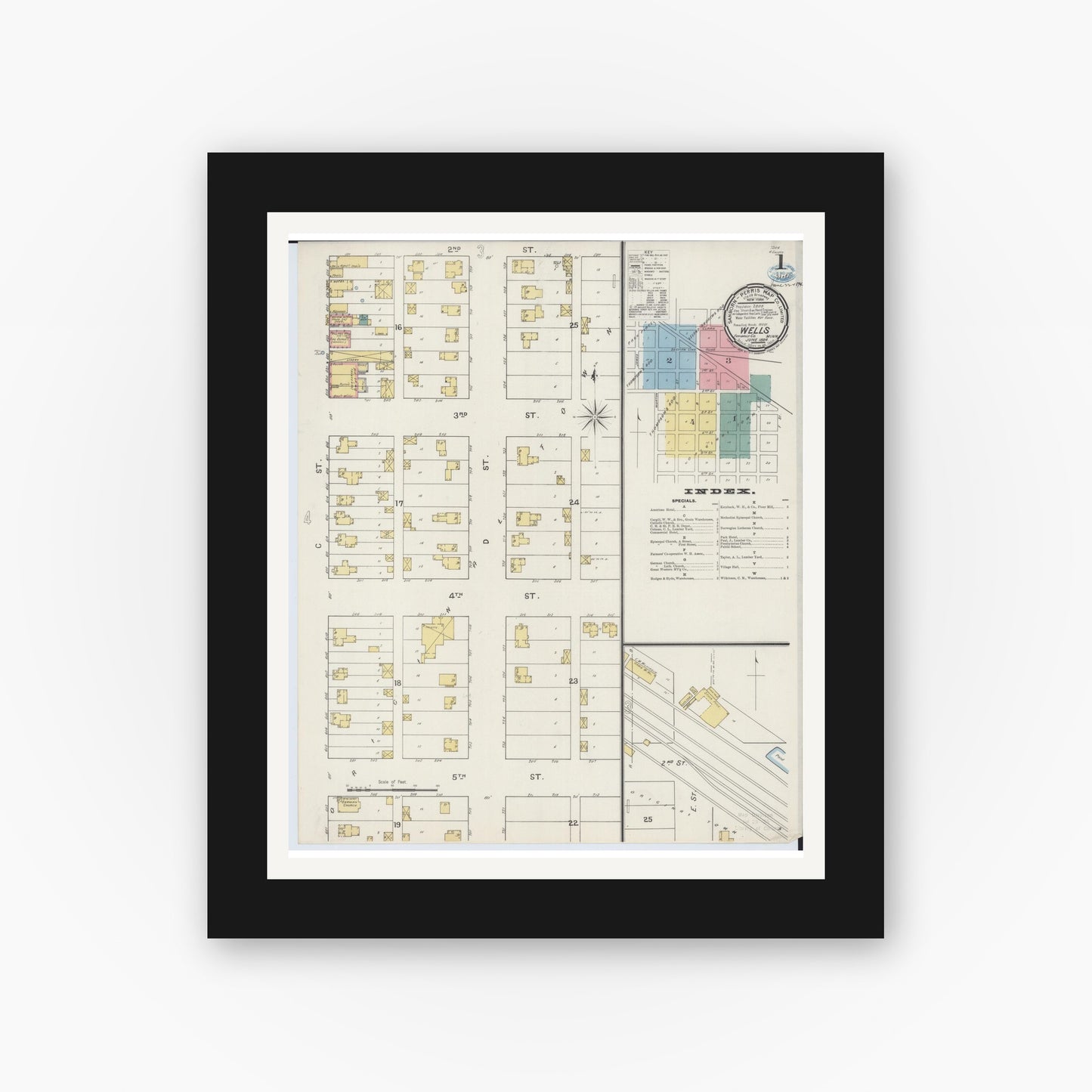 Old map wall art mockup — black gallery frame with white mat — Sanborn Fire Insurance Map from Wells, Faribault County, Minnesota (1894) - Complete Map Set