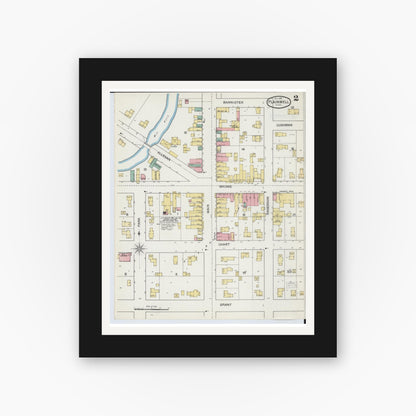 Old map wall art mockup — black gallery frame with white mat — Sanborn Fire Insurance Map from Plainwell, Allegan County, Michigan (1892), Sheet #0002