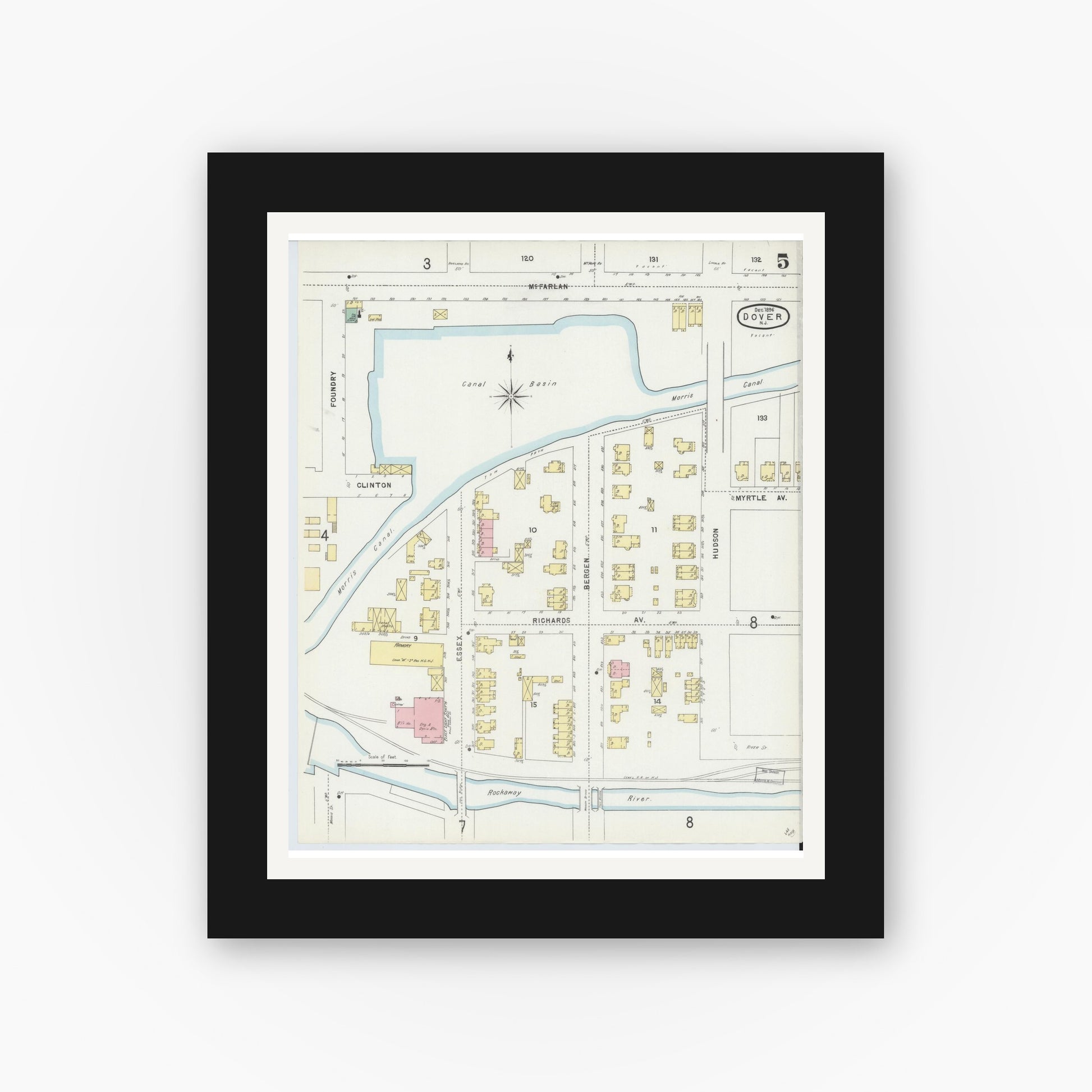 Old map wall art mockup — black gallery frame with white mat — Sanborn Fire Insurance Map from Dover, Morris County, New Jersey (1896), Sheet #0005