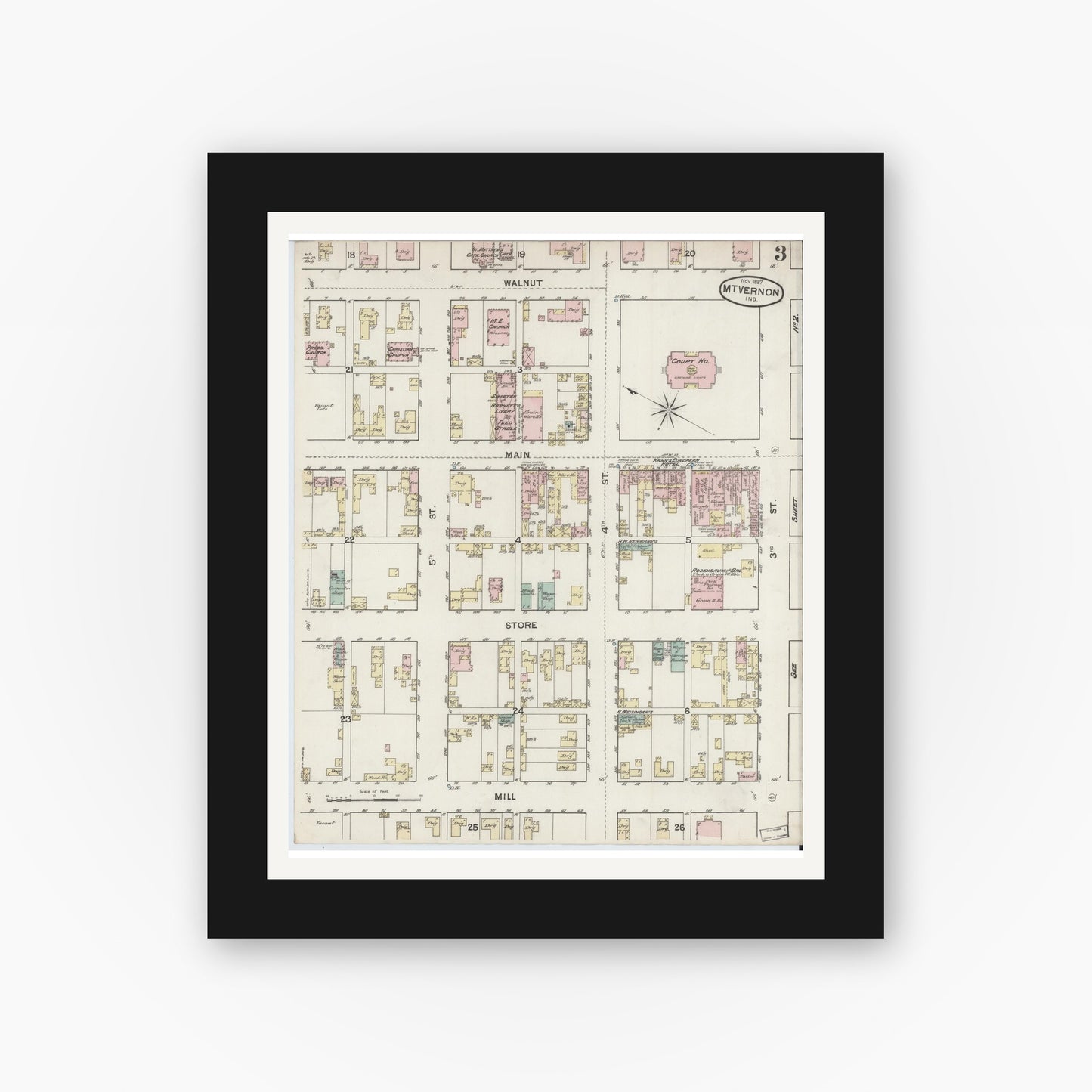 Old map wall art mockup — black gallery frame with white mat — Sanborn Fire Insurance Map from Mount Vernon, Posey County, Indiana (1887), Sheet #0003
