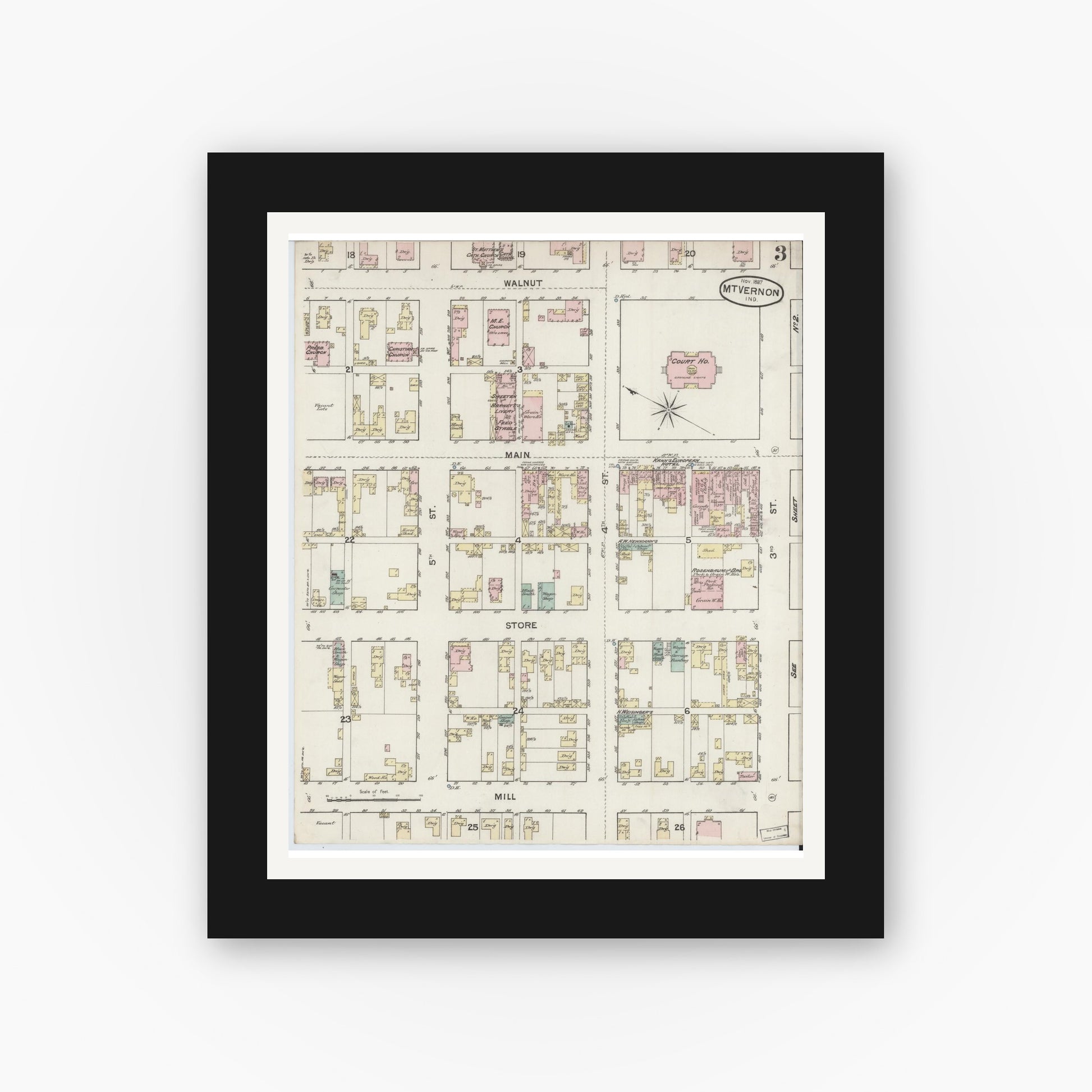 Old map wall art mockup — black gallery frame with white mat — Sanborn Fire Insurance Map from Mount Vernon, Posey County, Indiana (1887), Sheet #0003