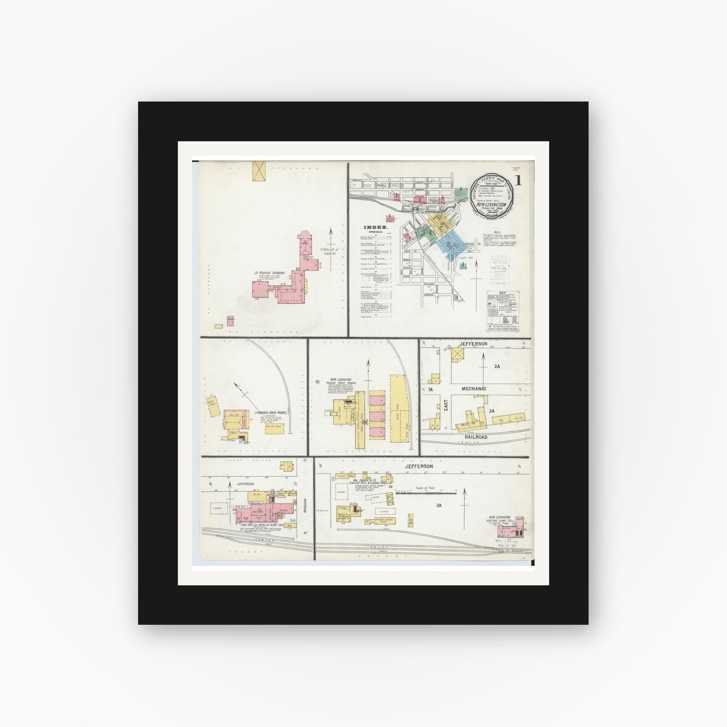 Old map wall art mockup — black gallery frame with white mat — Sanborn Fire Insurance Map from New Lexington, Perry County, Ohio (1900), Sheet #0001