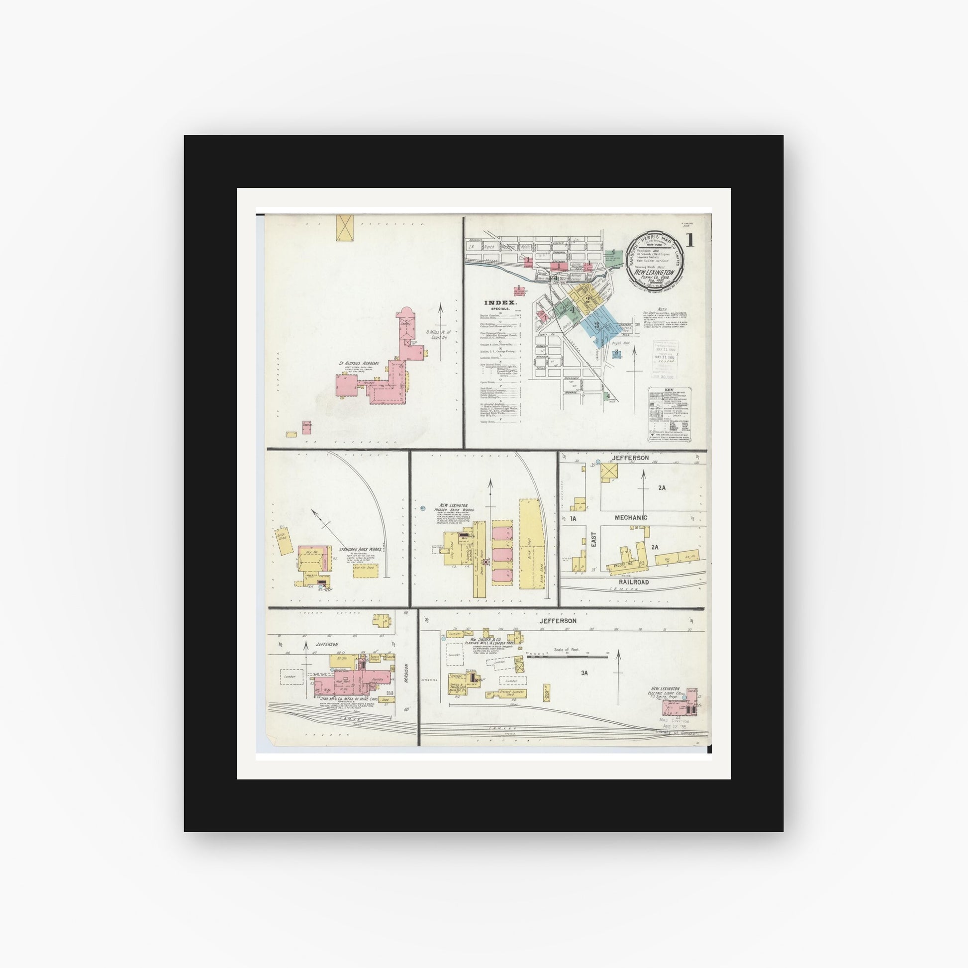 Old map wall art mockup — black gallery frame with white mat — Sanborn Fire Insurance Map from New Lexington, Perry County, Ohio (1900), Sheet #0001