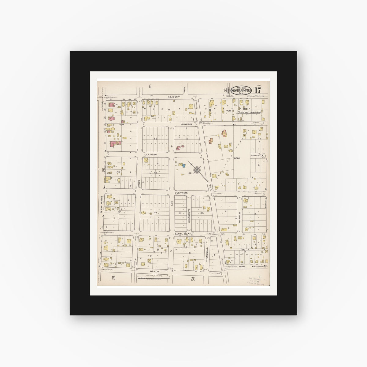 Old map wall art mockup — black gallery frame with white mat — Sanborn Fire Insurance Map from New Braunfels, Comal County, Texas (1922), Sheet #0017