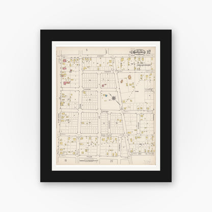 Old map wall art mockup — black gallery frame with white mat — Sanborn Fire Insurance Map from New Braunfels, Comal County, Texas (1922), Sheet #0017