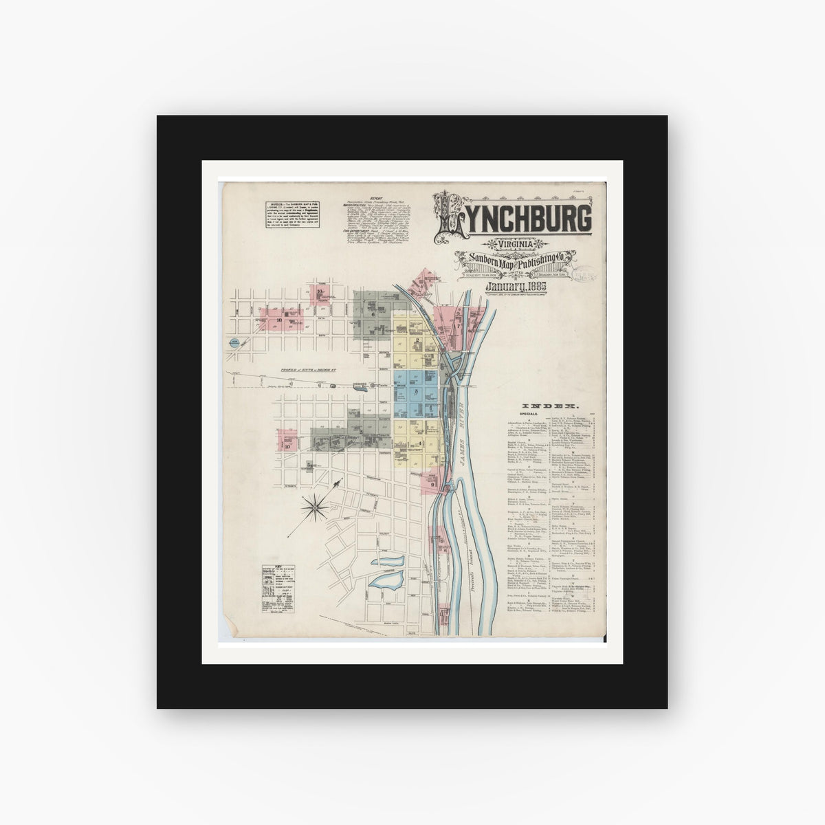 Old map wall art mockup — black gallery frame with white mat — Sanborn Fire Insurance Map from Lynchburg, Independent Cities, Virginia (1885) - Complete Map Set