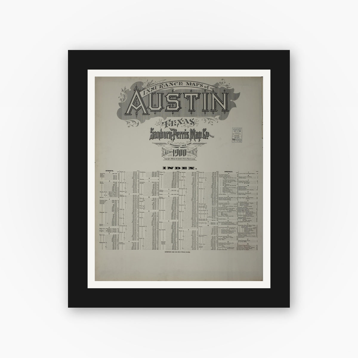 Old map wall art mockup — black gallery frame with white mat — Sanborn Fire Insurance Map from Austin, Travis County, Texas (1900), Sheet #0001