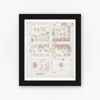 Old map wall art mockup — black gallery frame with white mat — Sanborn Fire Insurance Map from Waukegan, Lake County, Illinois (1890), Sheet #0003