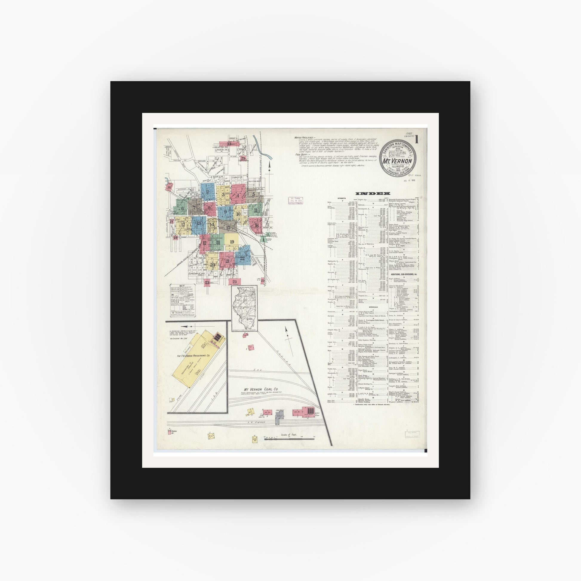 Old map wall art mockup — black gallery frame with white mat — Sanborn Fire Insurance Map from Mount Vernon, Jefferson County, Illinois (1913) - Complete Map Set