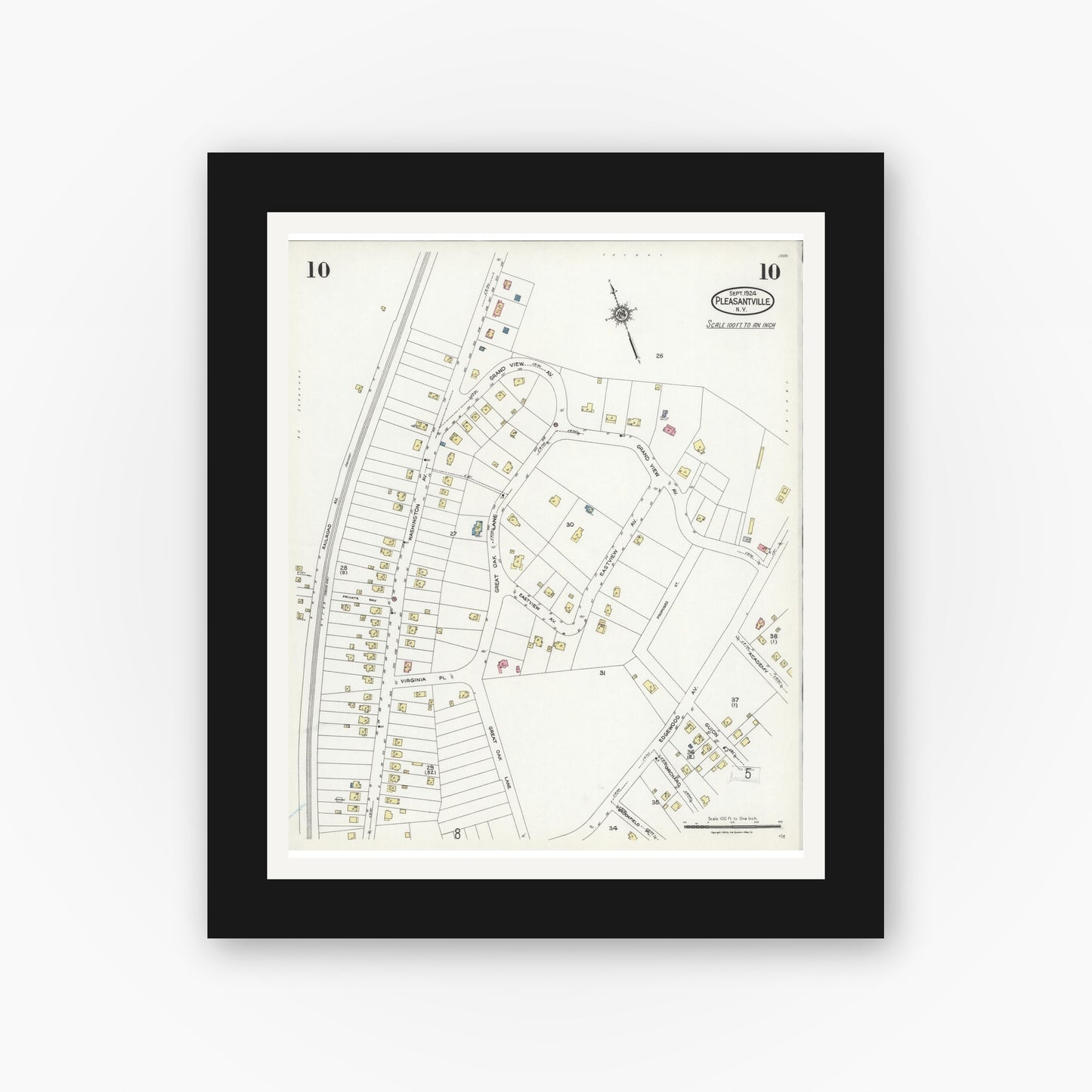 Old map wall art mockup — black gallery frame with white mat — Sanborn Fire Insurance Map from Pleasantville, Westchester County, New York (1924), Sheet #0010