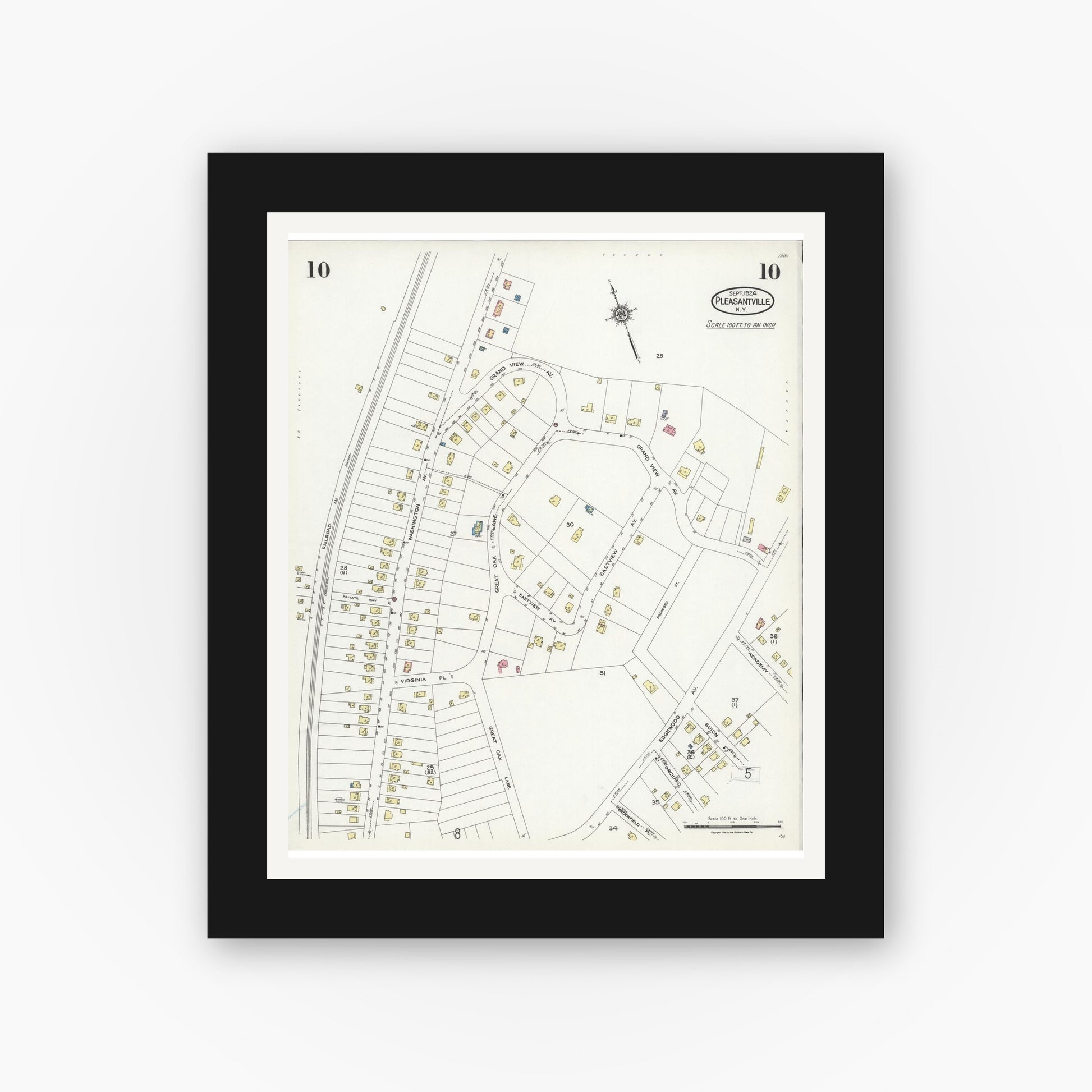 Old map wall art mockup — black gallery frame with white mat — Sanborn Fire Insurance Map from Pleasantville, Westchester County, New York (1924), Sheet #0010