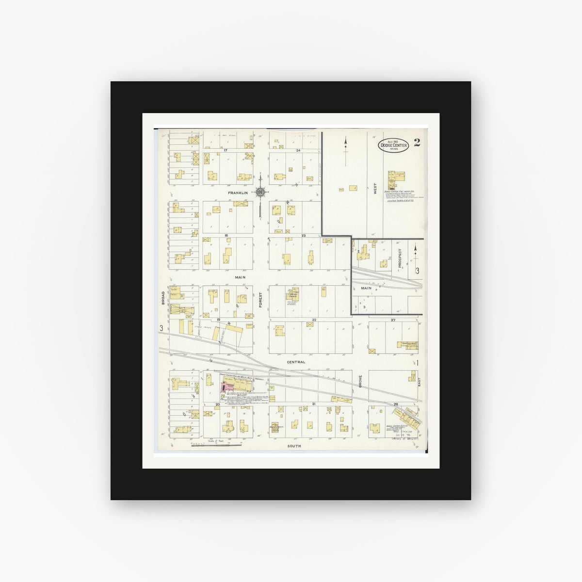 Old map wall art mockup — black gallery frame with white mat — Sanborn Fire Insurance Map from Dodge Center, Dodge County, Minnesota (1910), Sheet #0002