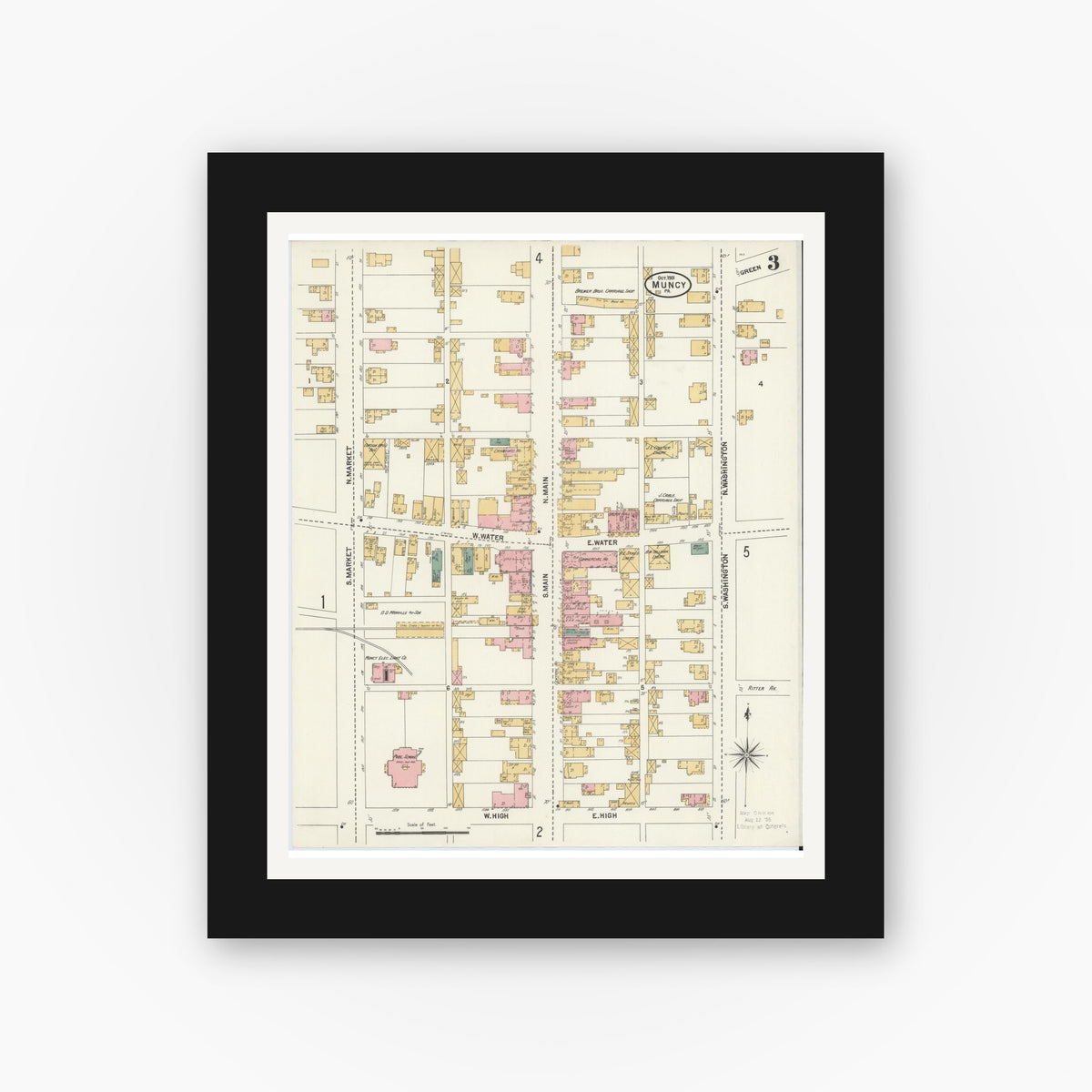Old map wall art mockup — black gallery frame with white mat — Sanborn Fire Insurance Map from Muncy, Lycoming County, Pennsylvania (1901), Sheet #0003