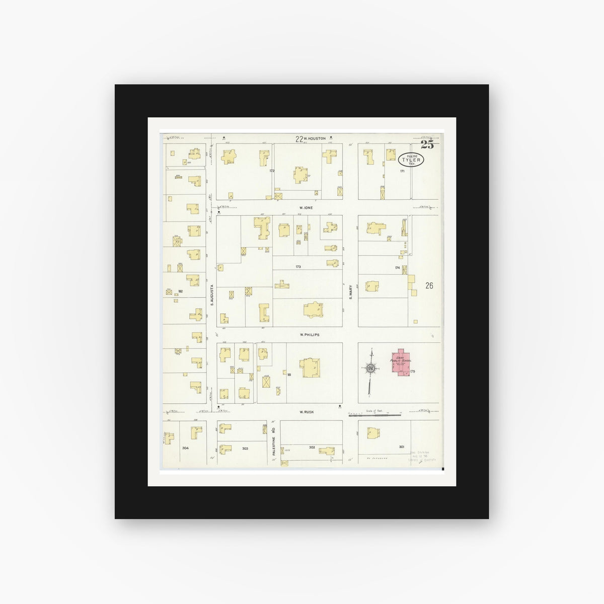 Old map wall art mockup — black gallery frame with white mat — Sanborn Fire Insurance Map from Tyler, Smith County, Texas (1912), Sheet #0025