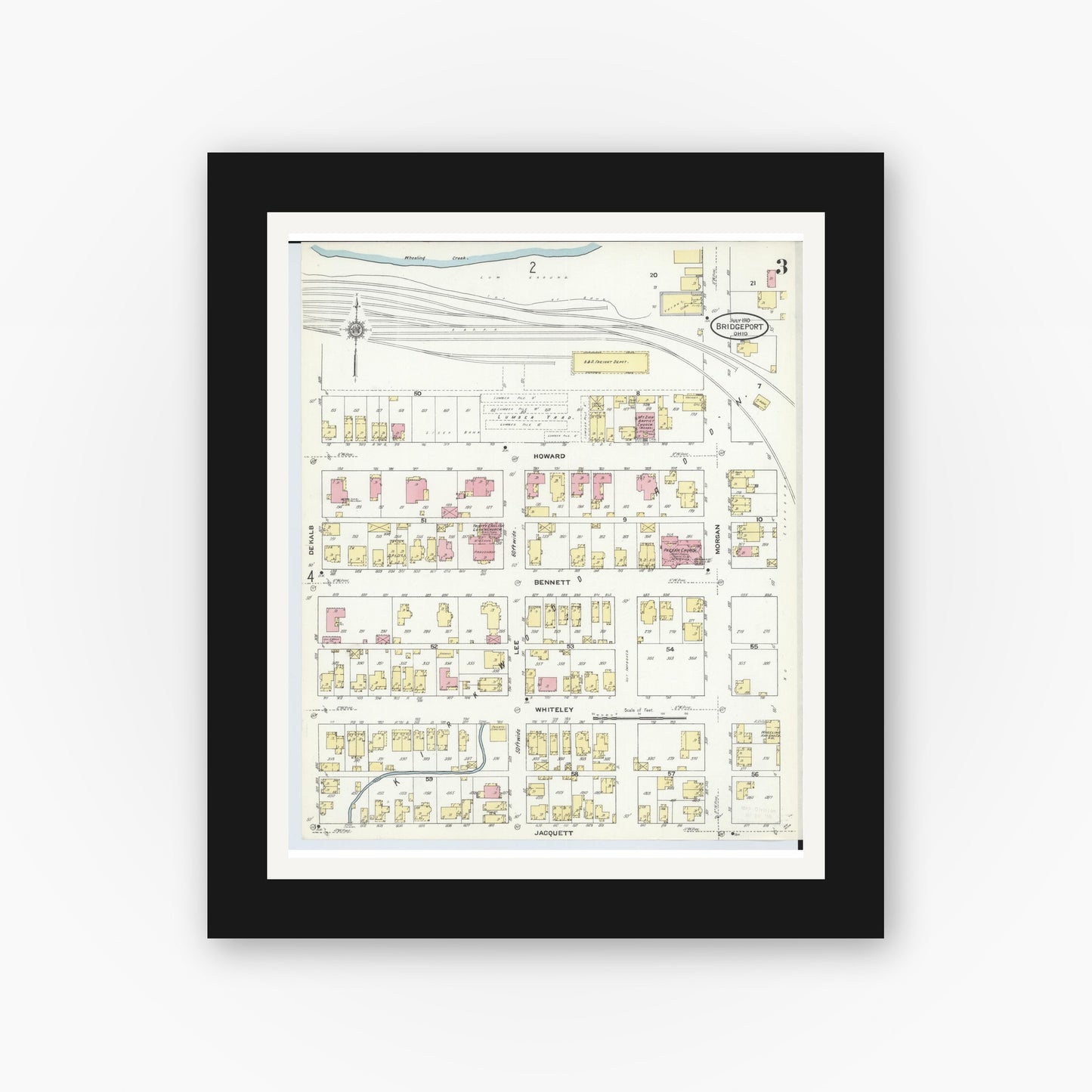 Old map wall art mockup — black gallery frame with white mat — Sanborn Fire Insurance Map from Bridgeport, Belmont County, Ohio (1910), Sheet #0003