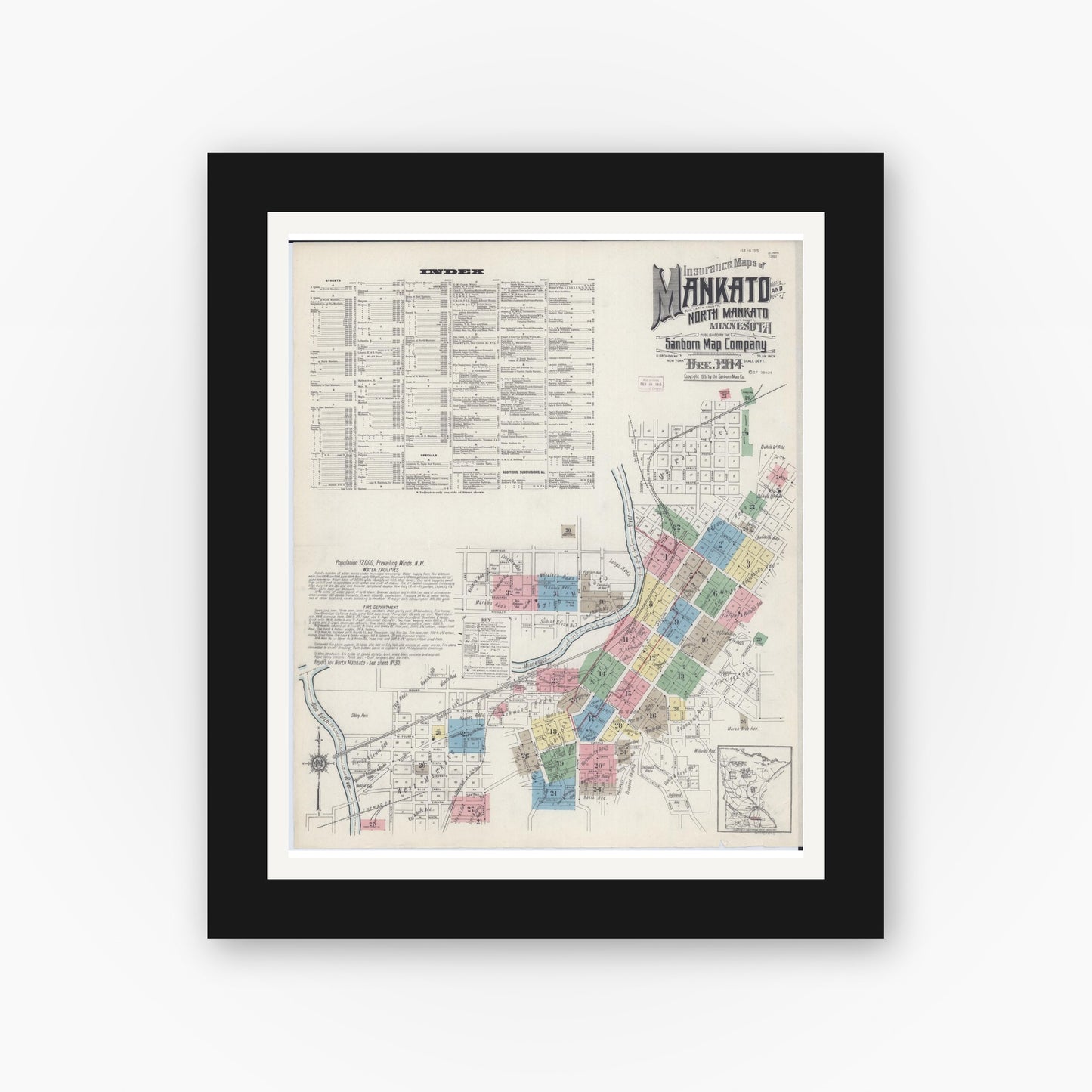 Old map wall art mockup — black gallery frame with white mat — Sanborn Fire Insurance Map from Mankato, Blue Earth County, Minnesota (1914) - Complete Map Set