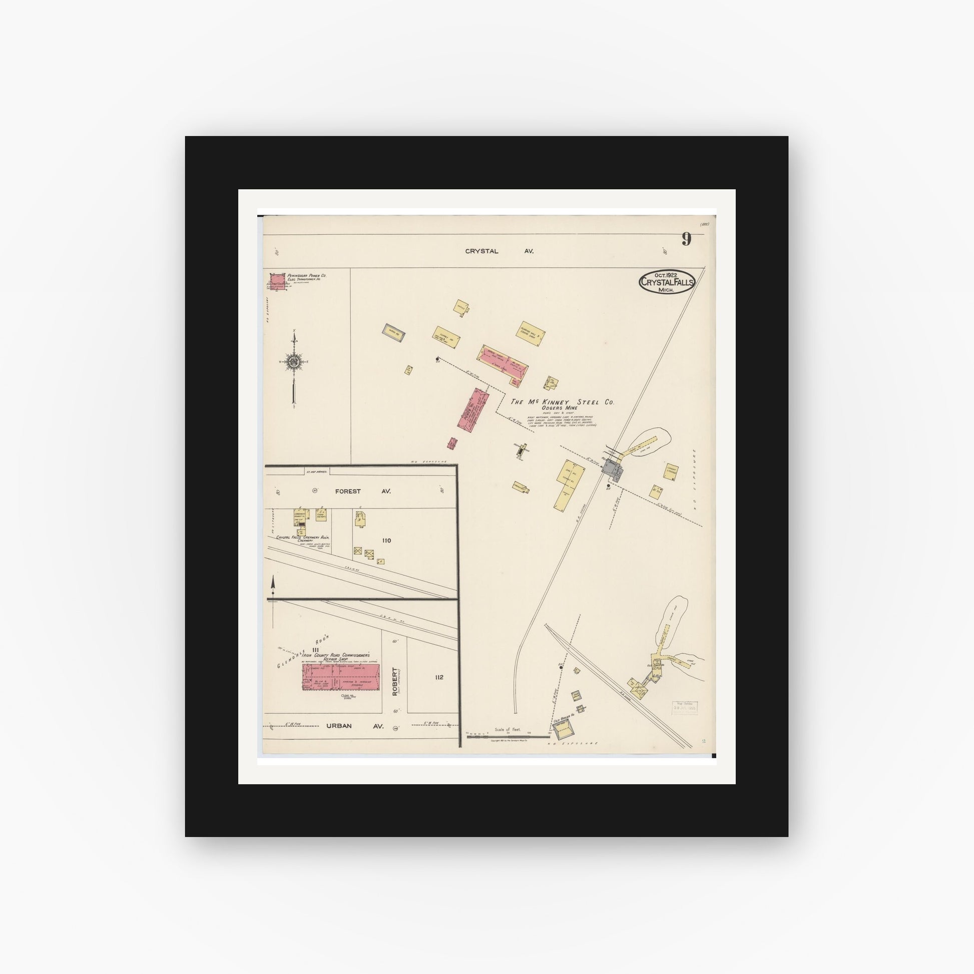 Old map wall art mockup — black gallery frame with white mat — Sanborn Fire Insurance Map from Crystal Falls, Iron County, Michigan (1922), Sheet #0009
