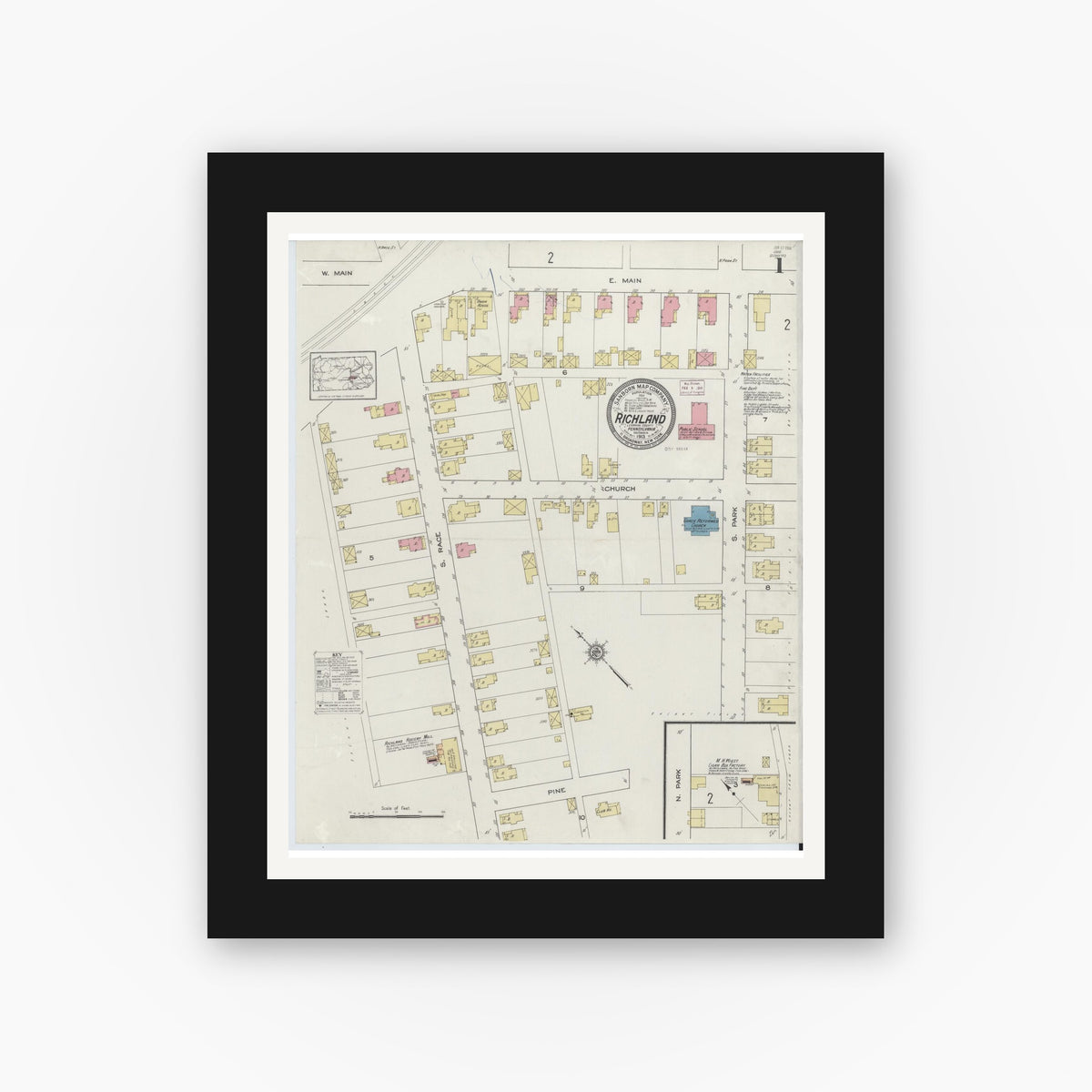 Old map wall art mockup — black gallery frame with white mat — Sanborn Fire Insurance Map from Richland, Lebanon County, Pennsylvania (1913) - Complete Map Set