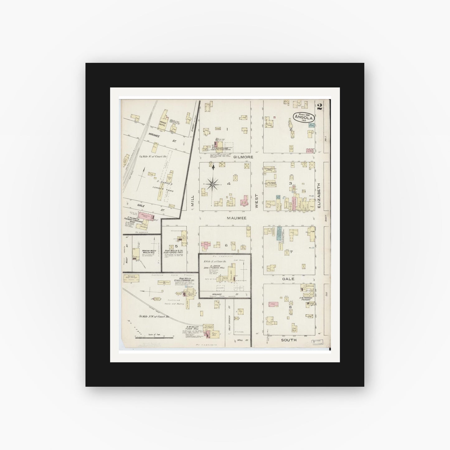 Old map wall art mockup — black gallery frame with white mat — Sanborn Fire Insurance Map from Angola, Steuben County, Indiana (1886), Sheet #0002