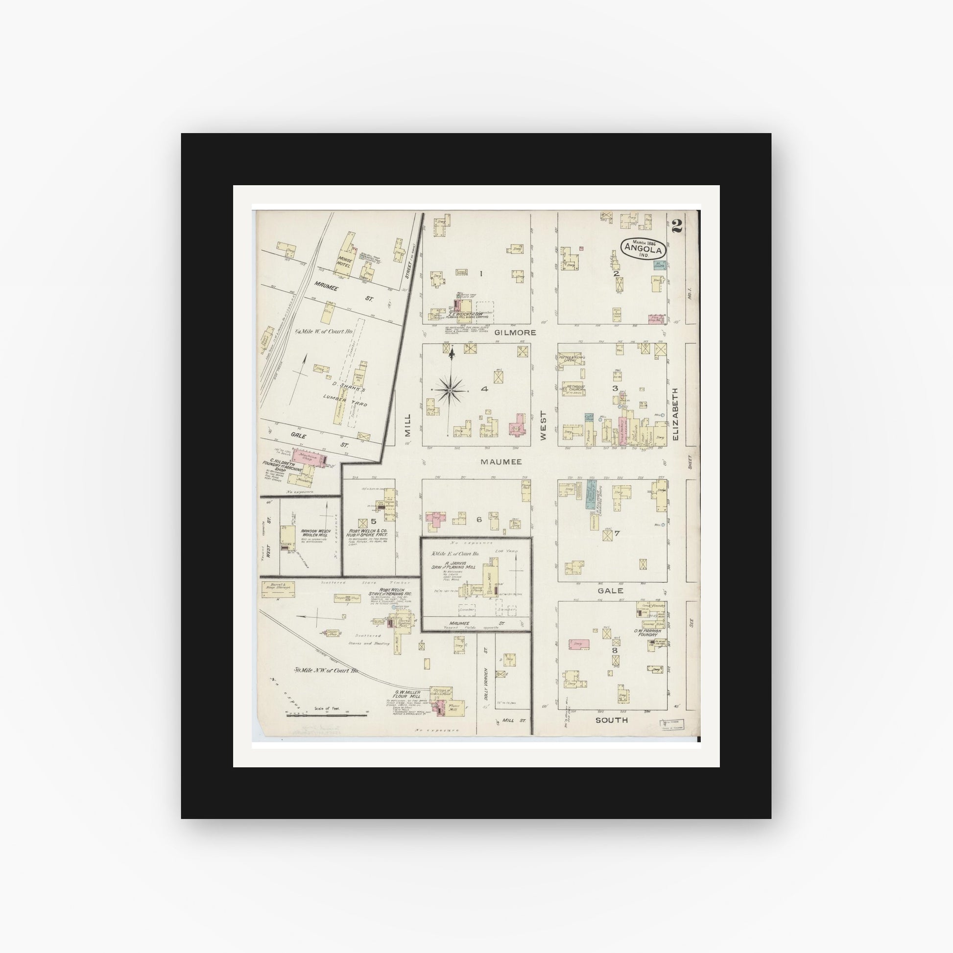 Old map wall art mockup — black gallery frame with white mat — Sanborn Fire Insurance Map from Angola, Steuben County, Indiana (1886), Sheet #0002